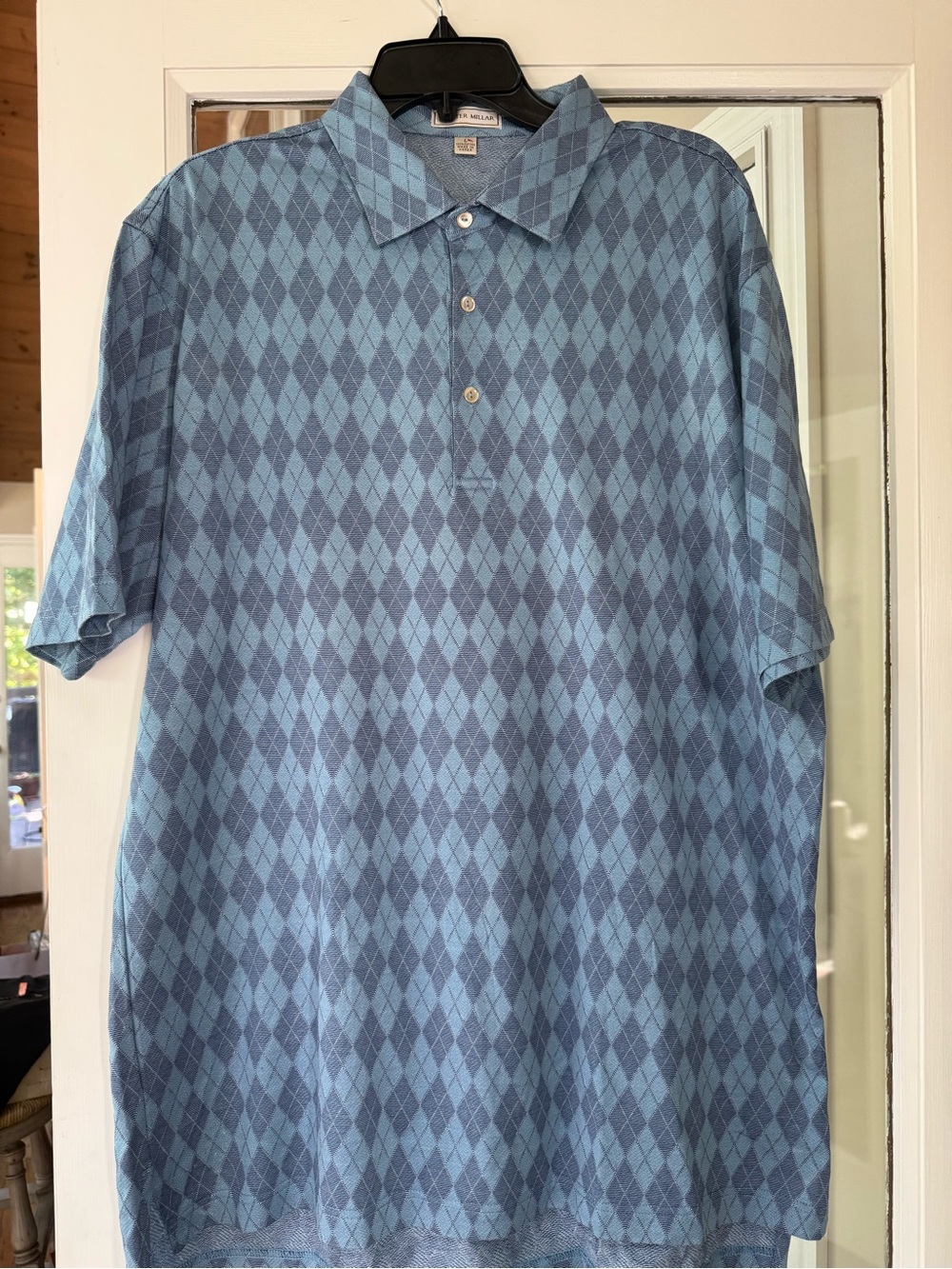 Vintage Peter Millar Blue & Navy Diamond-Pattern Button Down Polo Shirt. Large